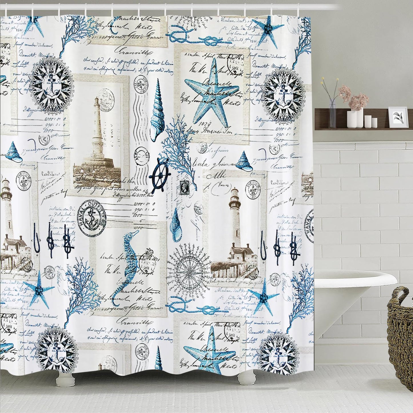 Simpomsy Nautical Shower Curtain Sailboat Compass Anchor Bathroom Curtain Waterproof Mildew & Mould Resistant Polyester Fabric Bath Curtain with 12