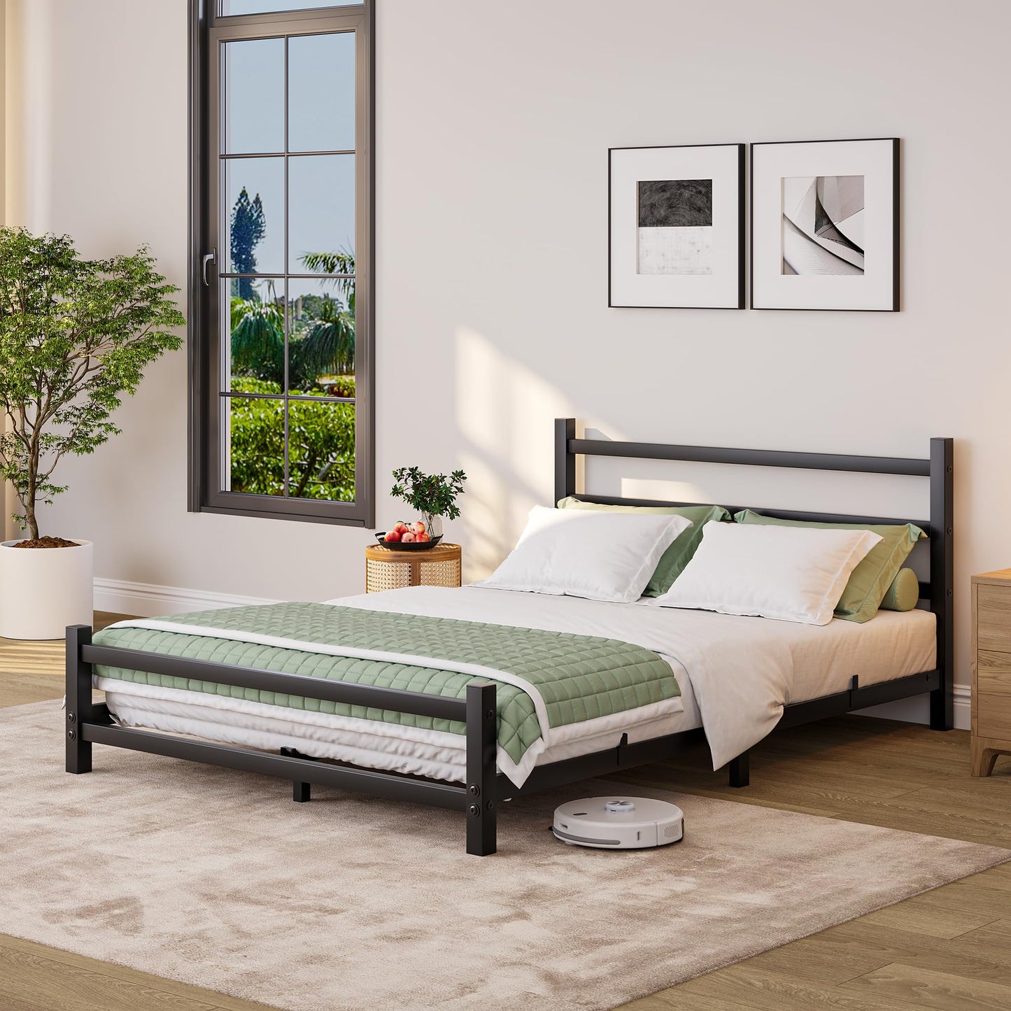 HOMERECOMMEND Double Bed Frame With Headboard,4ft6 Floor Bed Frame,Black