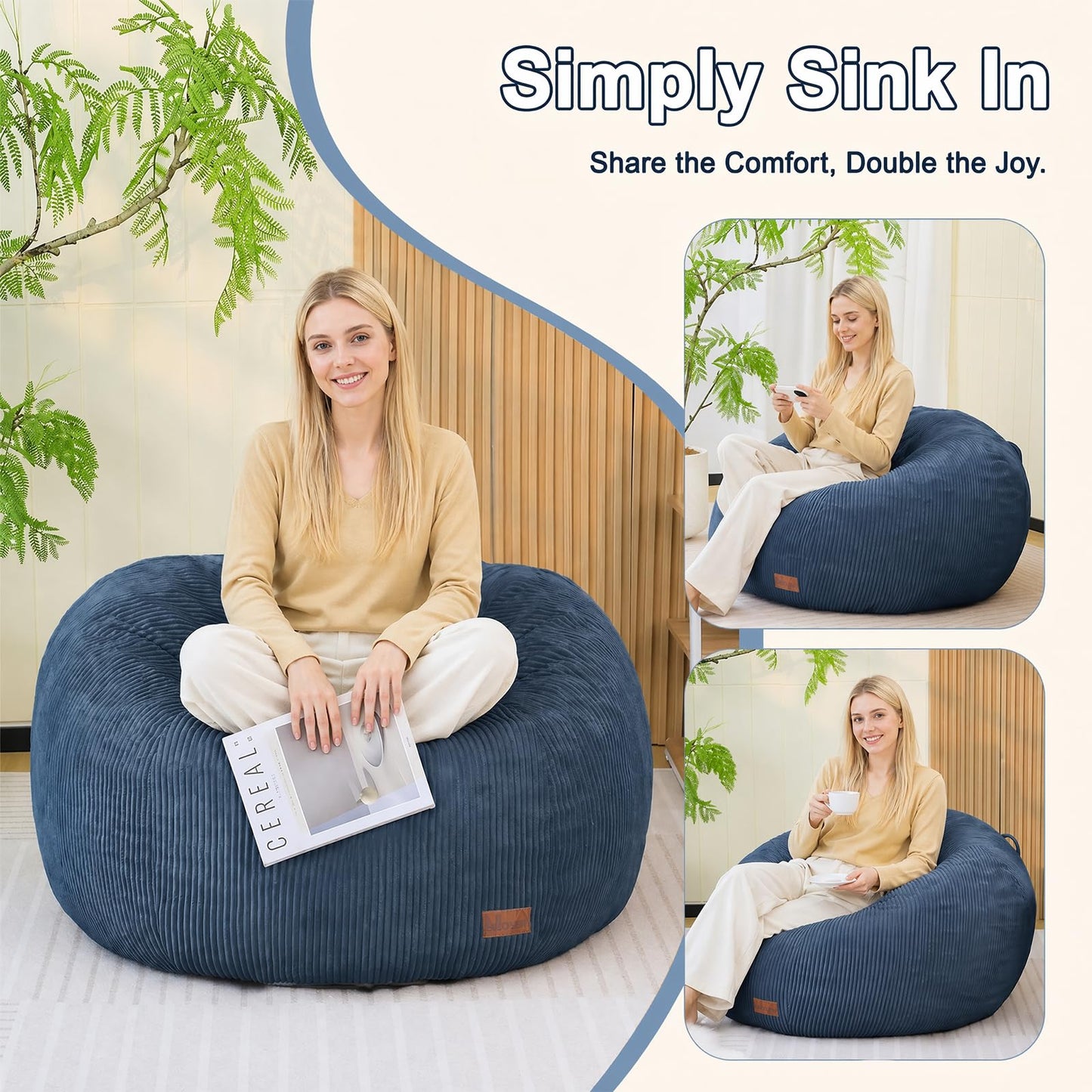 UODERS Oval Bean Bag for Adults Kids & Teens, Large Bean Bag Chair with Corduroy Cover with Handle