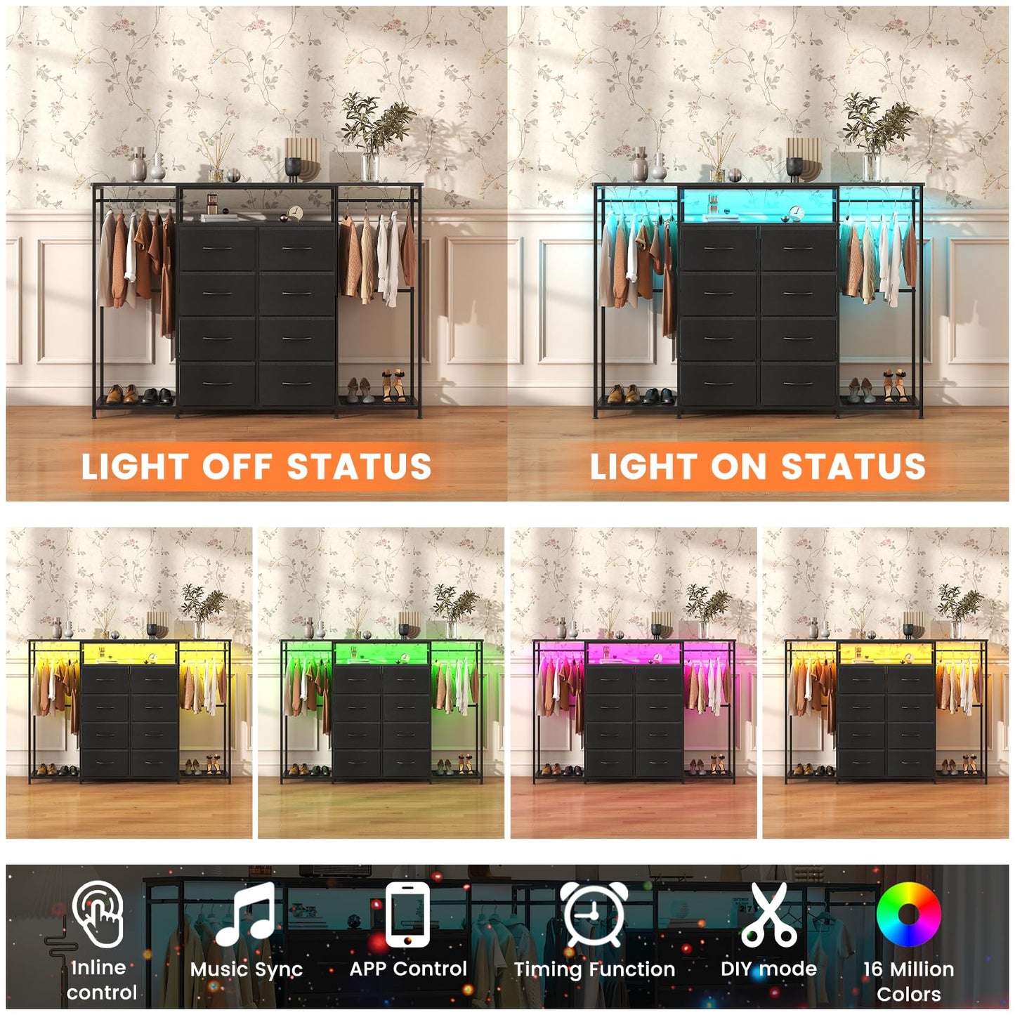 Feonase 8-Drawer Dresser for Bedroom with Hanging Rack, LED Lights, Fabric Drawers, Metal Frame & Wooden Top