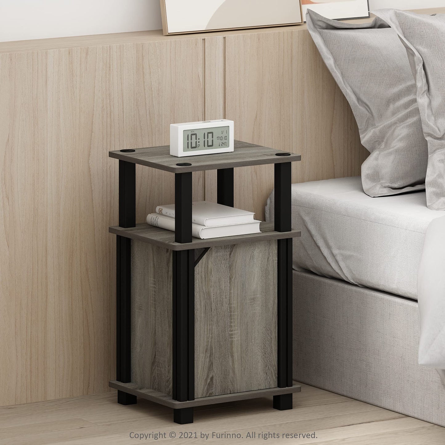 Furinno JUST Side Table, 3-Tier End Table with Door Cabinet, Night Stand, Bedside Table with Open Shelf, for Living Room, Bedroom, French Oak