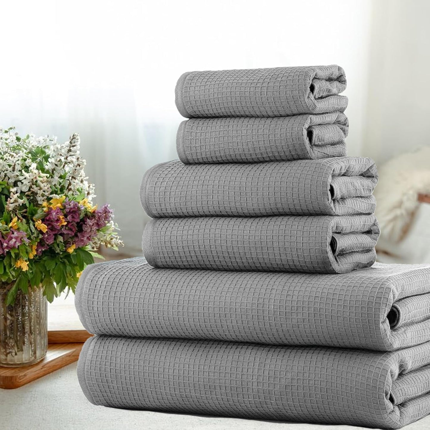 CASA COPENHAGEN Waffle Terry 6-Piece Set, Cotton, extra large, luxurious, Gray-Violet, 2 bath towels XL, 70x140 cm, 2 large hand towels, 50x80 cm