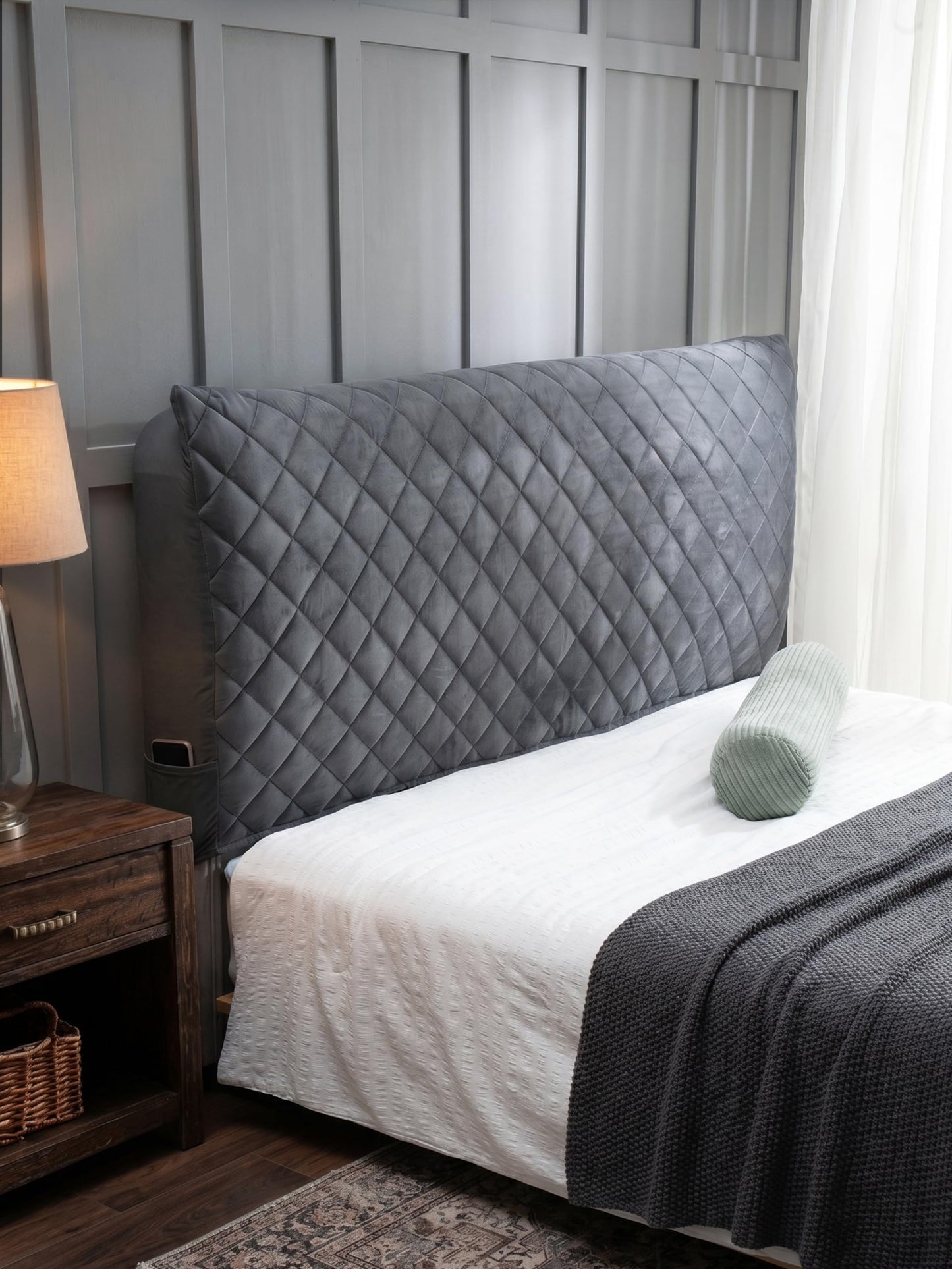 Bed Headboard Slipcover Quilted Thicken Protector Light grey,180x70cm