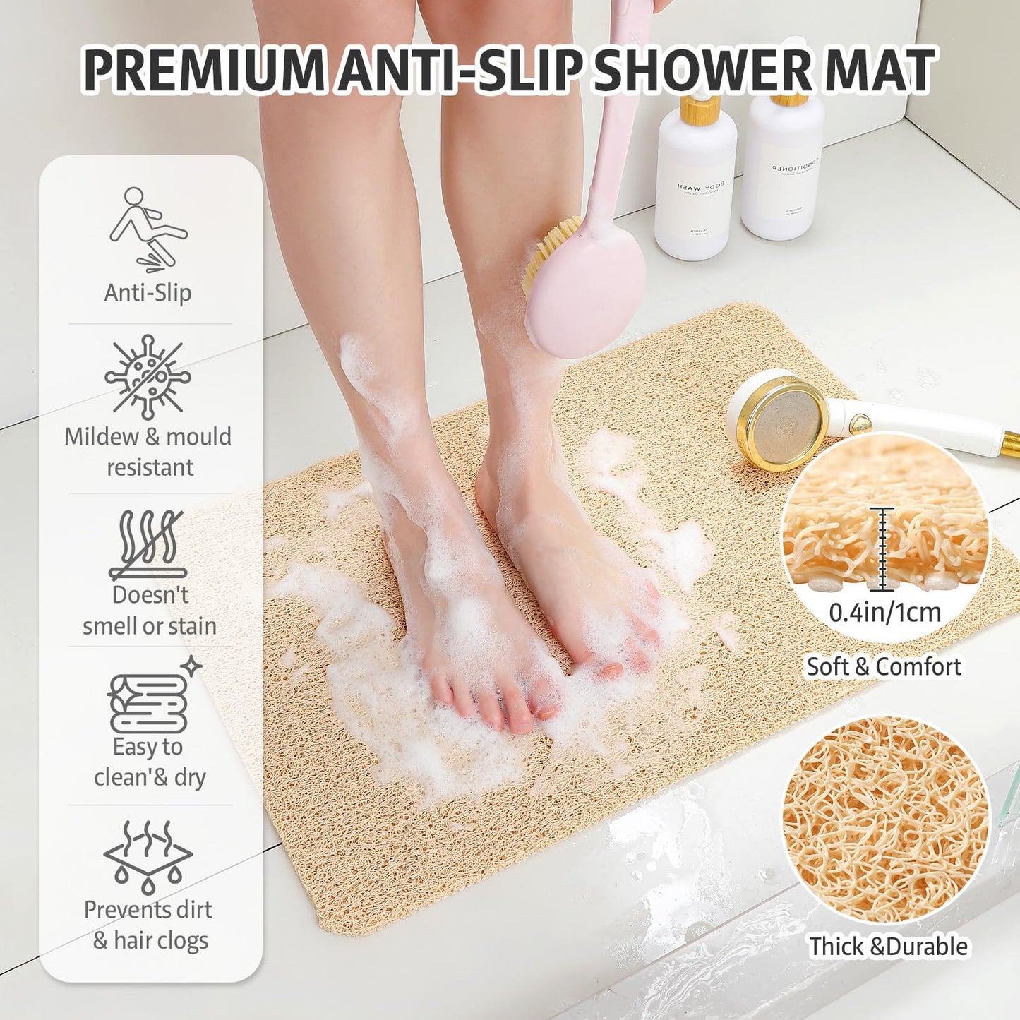 XIYUNTE Soft Shower Mat Non Slip Anti Mould 60 x 40 cm, INCL. Hooks for Drying, PVC Bath Mat Non Slip Anti Mould