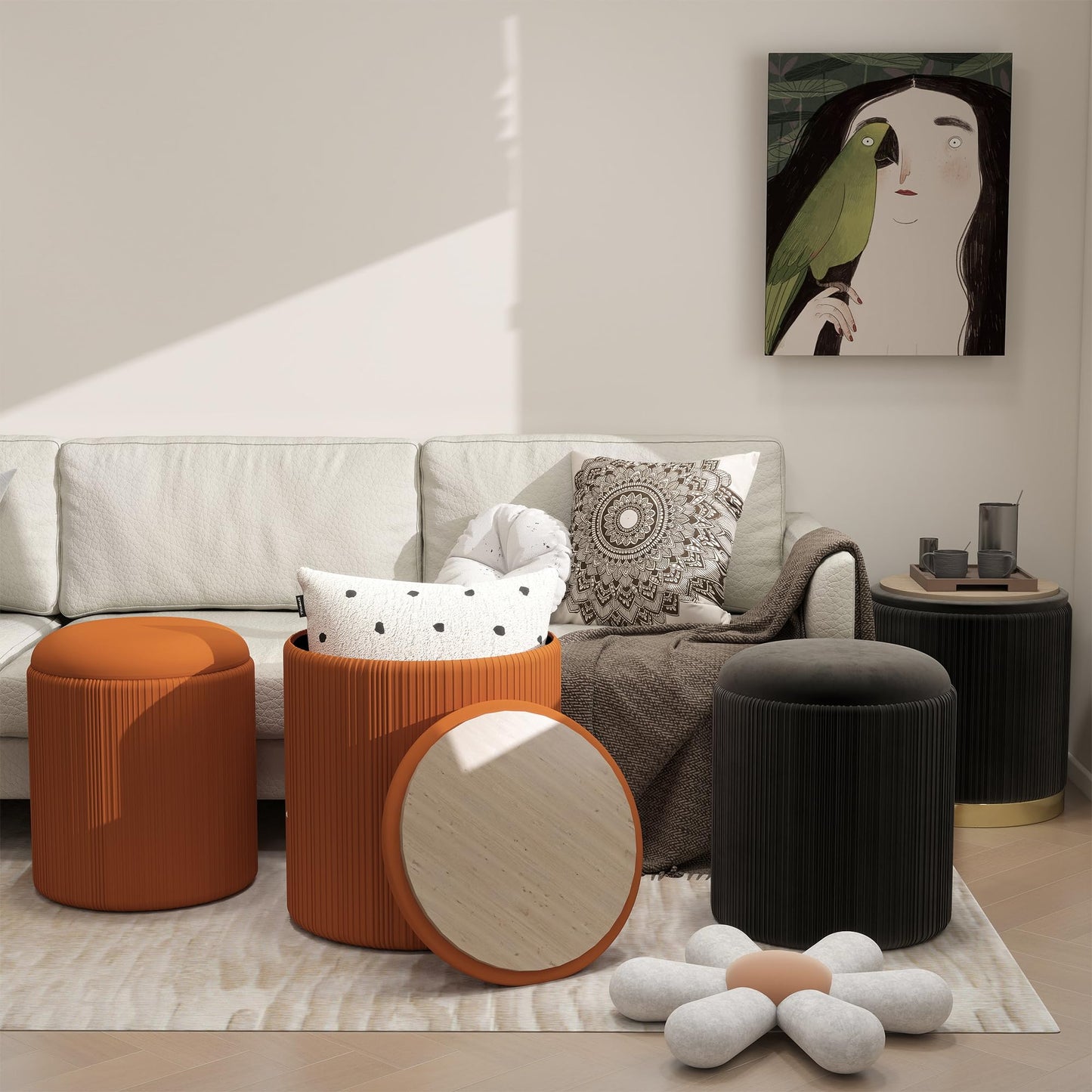 Caroeas Round Storage Ottoman Stools, Velvet Vanity Foot Stools with 300lbs
