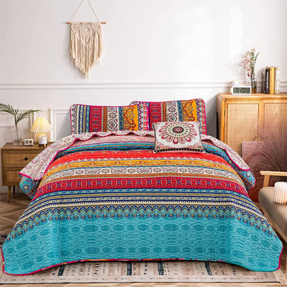 WONGS BEDDING King Size Reversible Bohemian Bedspread with 2 Pillowcases Boho Striped Bedspread Coverlet for All Season Soft Microfiber Quilt