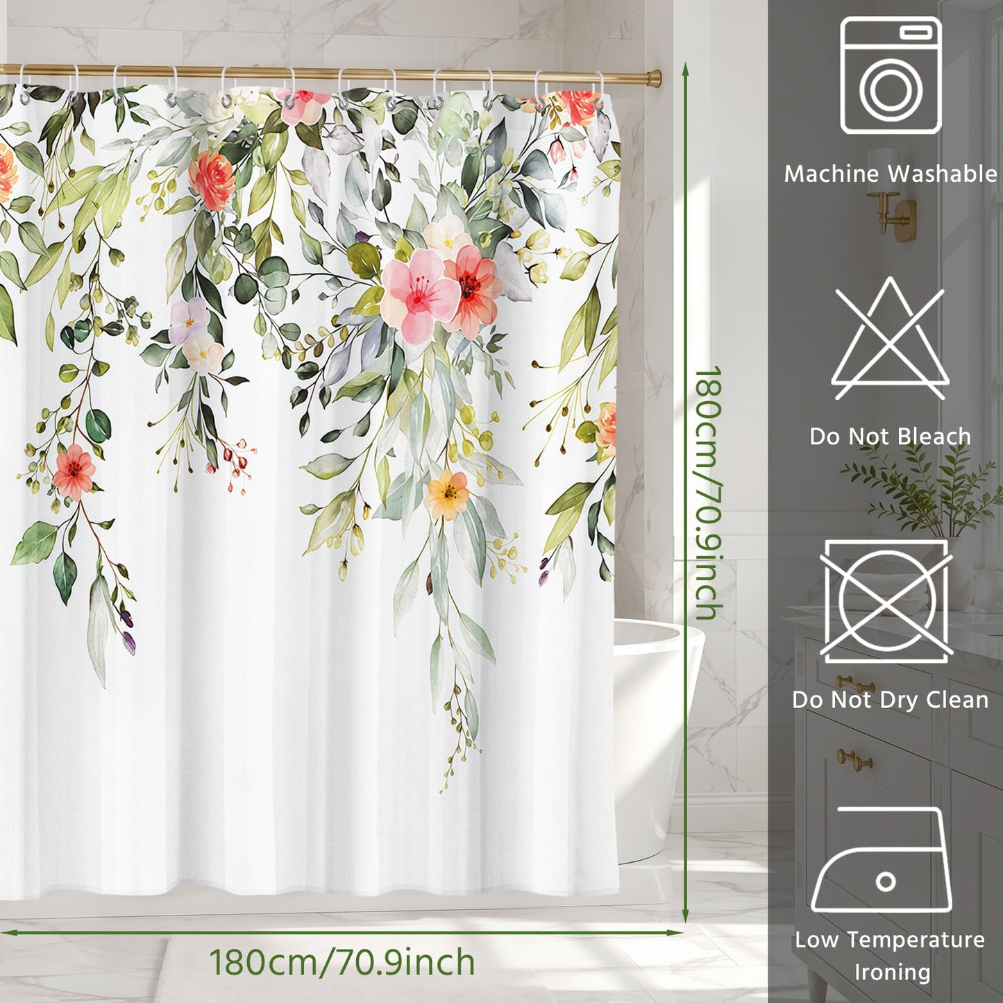 FAVORTALK Shower Curtain White Mould Proof Resistant Waterproof Floral Bathroom Curtains with 12 hooks Quick-Drying Weighted 180x180cm