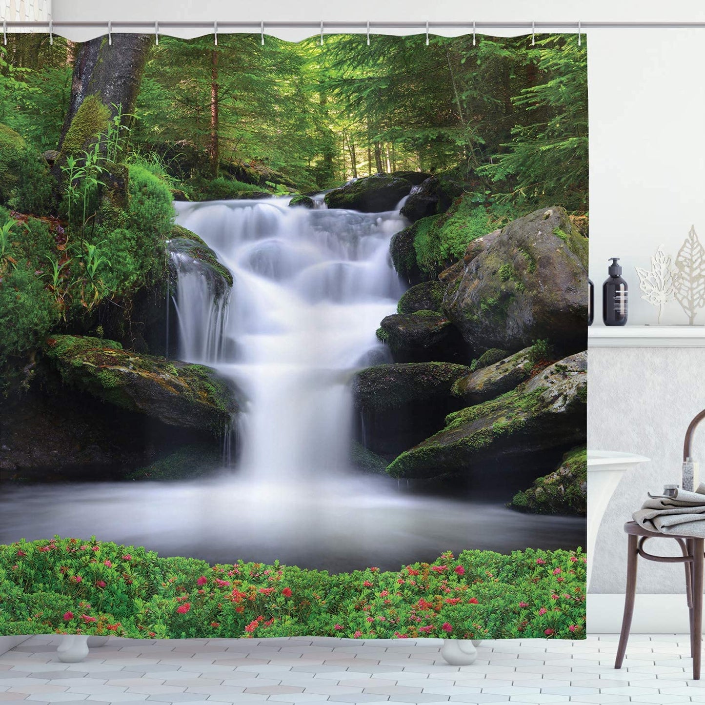 JIANGLANY 3D Waterfall Garden Curtain Shower Curtain Image of Waterfall with Trees and Flowers in Forest 3D Landscape Scenery Bathroom Decoration