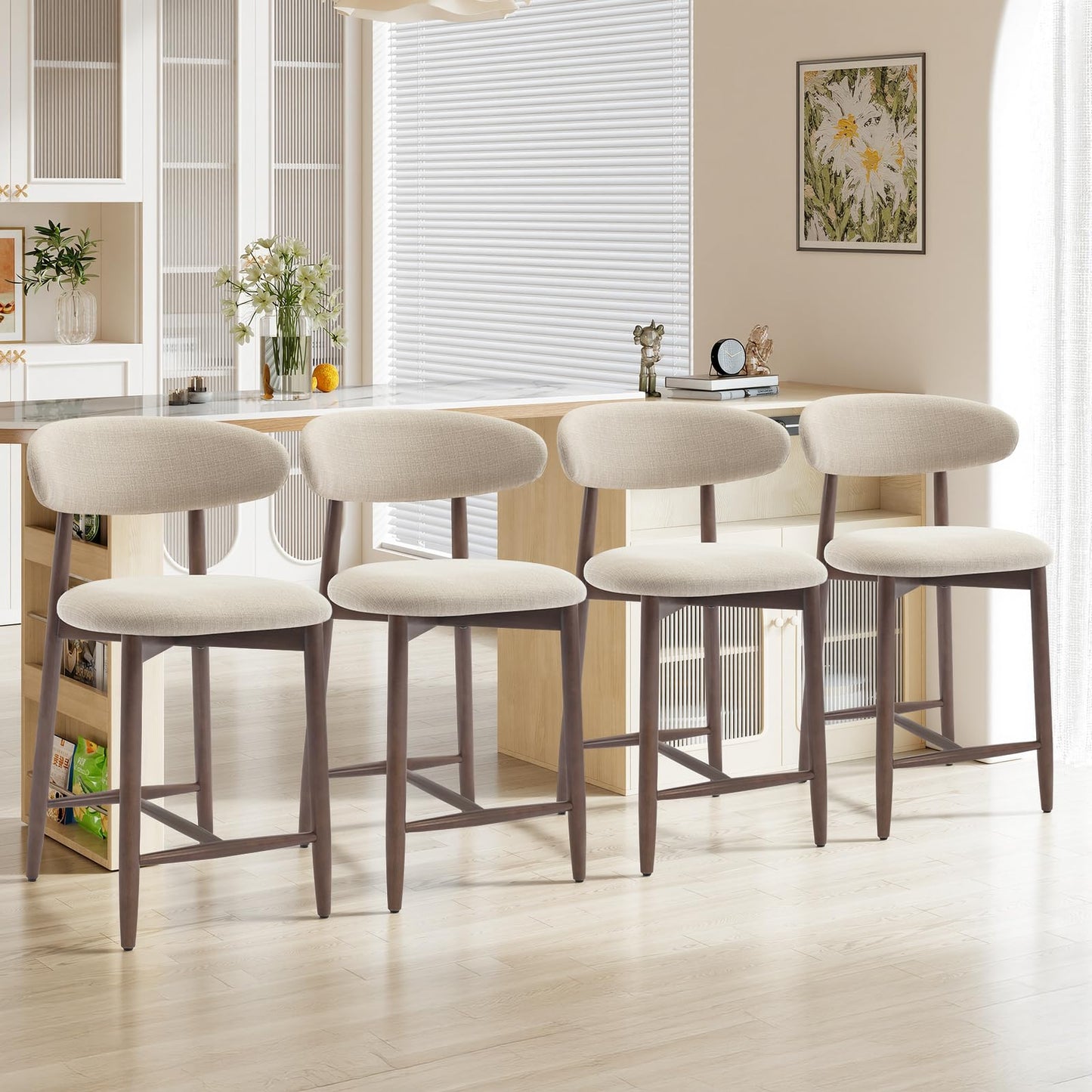 COLAMY 4PCS Counter Height Bar Stools with Back, Modern Upholstered Bar Chairs with Ergonomic Backrest & Footrest, Rubberwood Frame