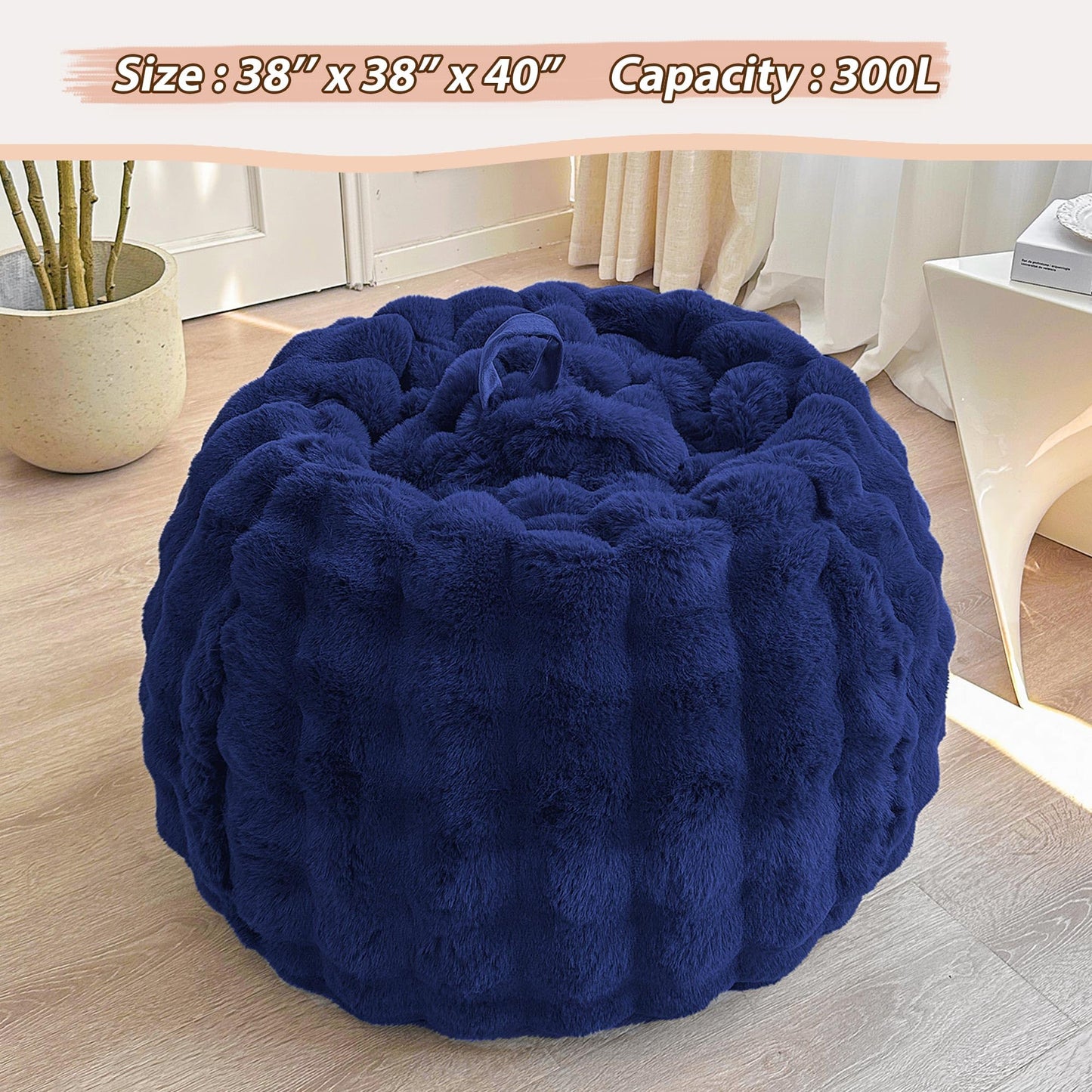 LIFEREVO 3FT Fluffy Faux Rabbit Fur Bean Bag Cover, No Filler, Navy Blue