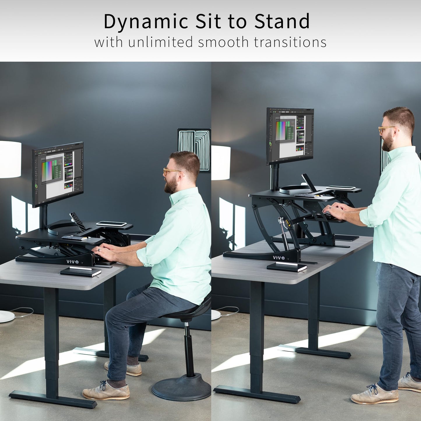 VIVO Black Height Adjustable 81 cm Stand Up Desk Converter, Quick Sit to Stand Tabletop Dual Monitor Riser Workstation, DESK-V000VS