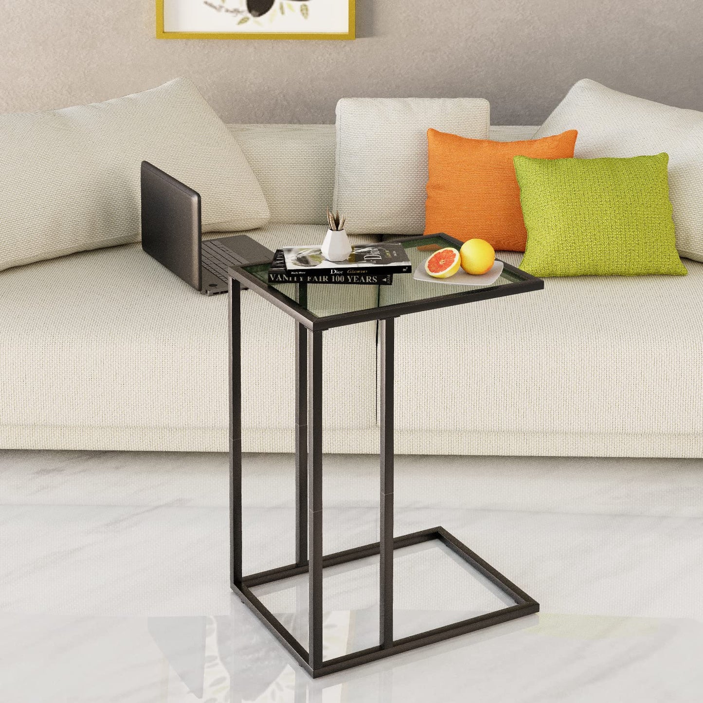 Huhote C Shaped End Table, Glass Side Table for Couch, Sofa Table with Metal Frame, Couch Table for Living Room, Bedroom, Bedside, Black