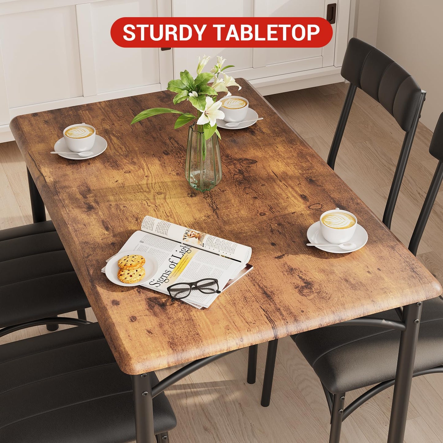 Crevyteg Modern 5-Piece Dining Table Set for 4, Sturdy Steel Frame Dining Table and Upholstered Chairs