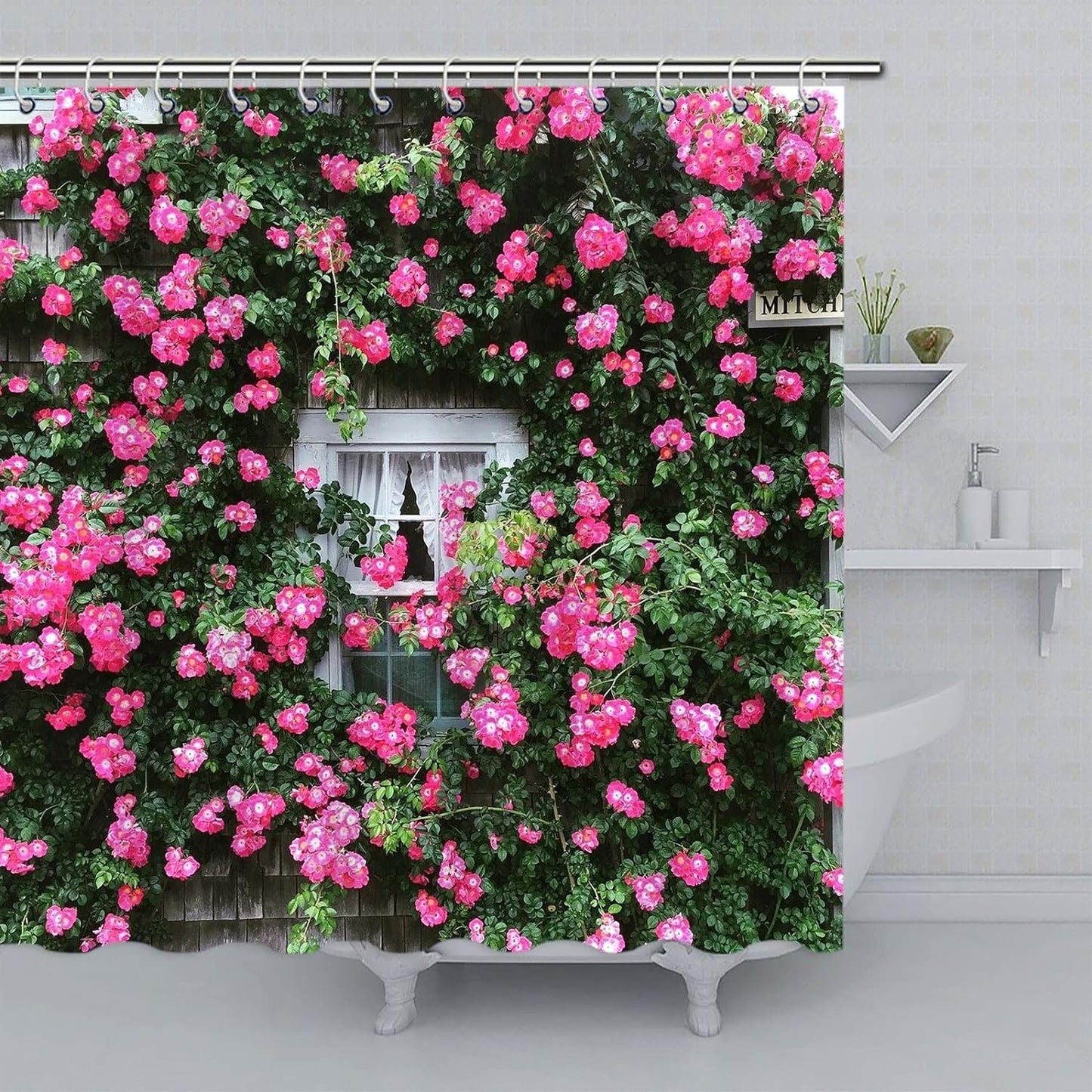Gaakvrr Roses Cottage Shower Curtain, Window Flowers Curtain, 3D Garden Shower Curtain Washable Waterproof Curtains Set with 12 Hooks for Bathroom
