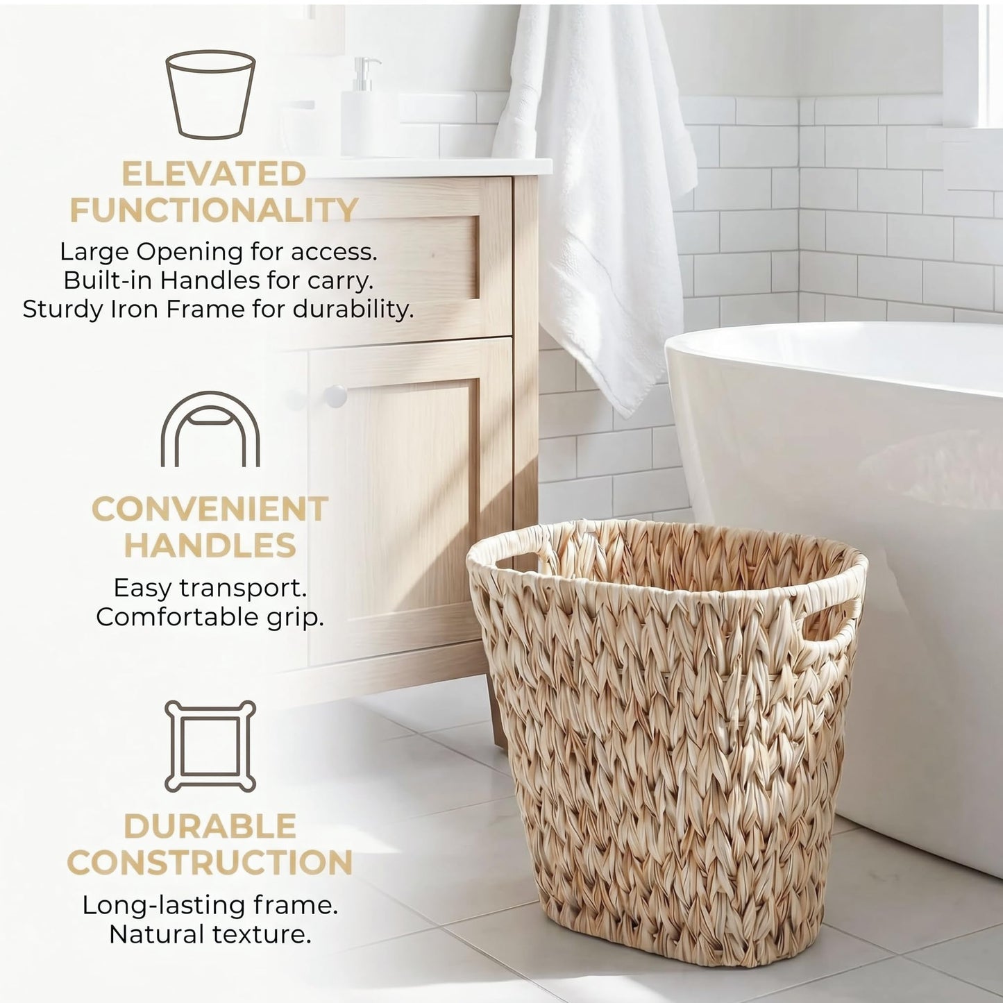 Pumtus Wicker Waste Bin, Plastic Woven Trash Basket with Built-in Handles, Bathroom Garbage Storage Can, Boho Rubbish Container for Bedroom, Bathroom
