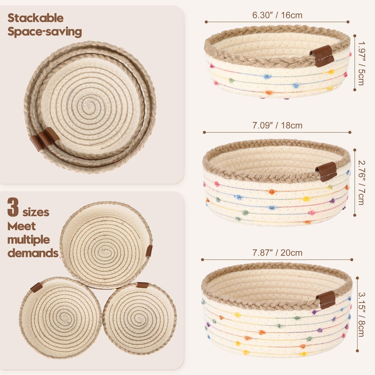Sea Team 3 Pack Jute Cotton Rope Trinket Desktop Storage Baskets