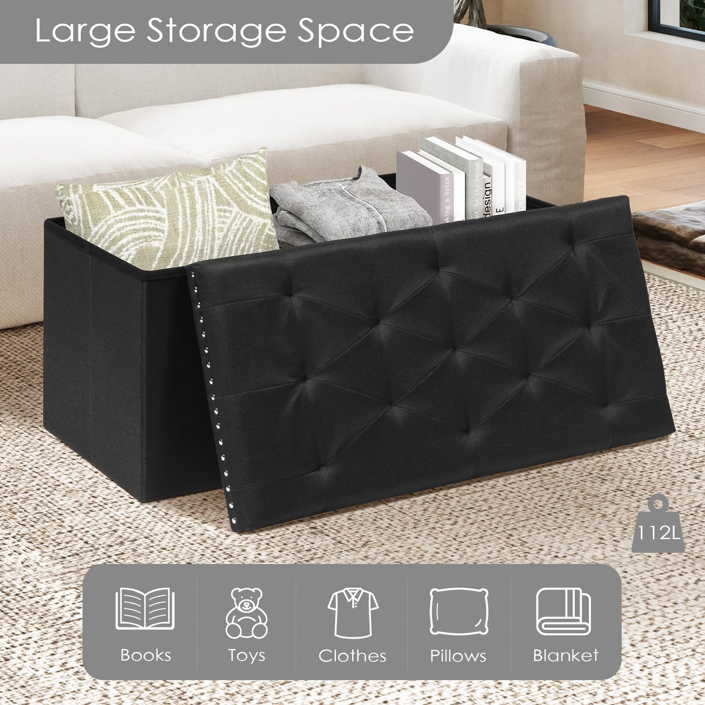 Bonlife Ottoman Bench with Tray, Folding Storage Footstool, 250kg Capacity