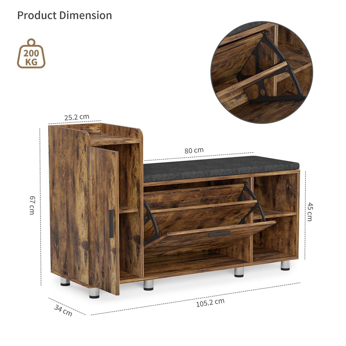 BonVache Shoe Storage Bench with Cushion, Brown Shoe Bench 105cm Lounge with 2 Shelves and 4 Compartments, Hallway Storage Unit with Seat, Living Room