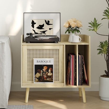 Semiocthome Record Player Stand with Vinyl Storage, Record Player Table with Storage Shelf, Turntable Stand with Rattan Cabinet Door Small
