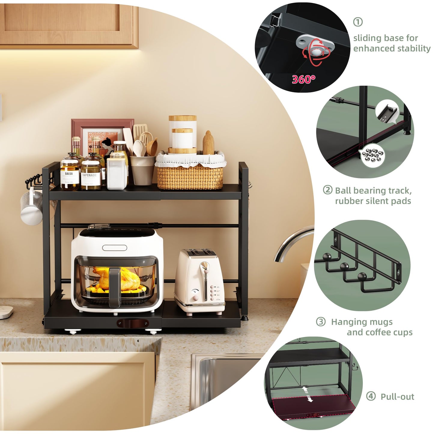 NETEL 2 Tier Expandable Microwave Pull Out Shelf, Microwave Shelf Stand
