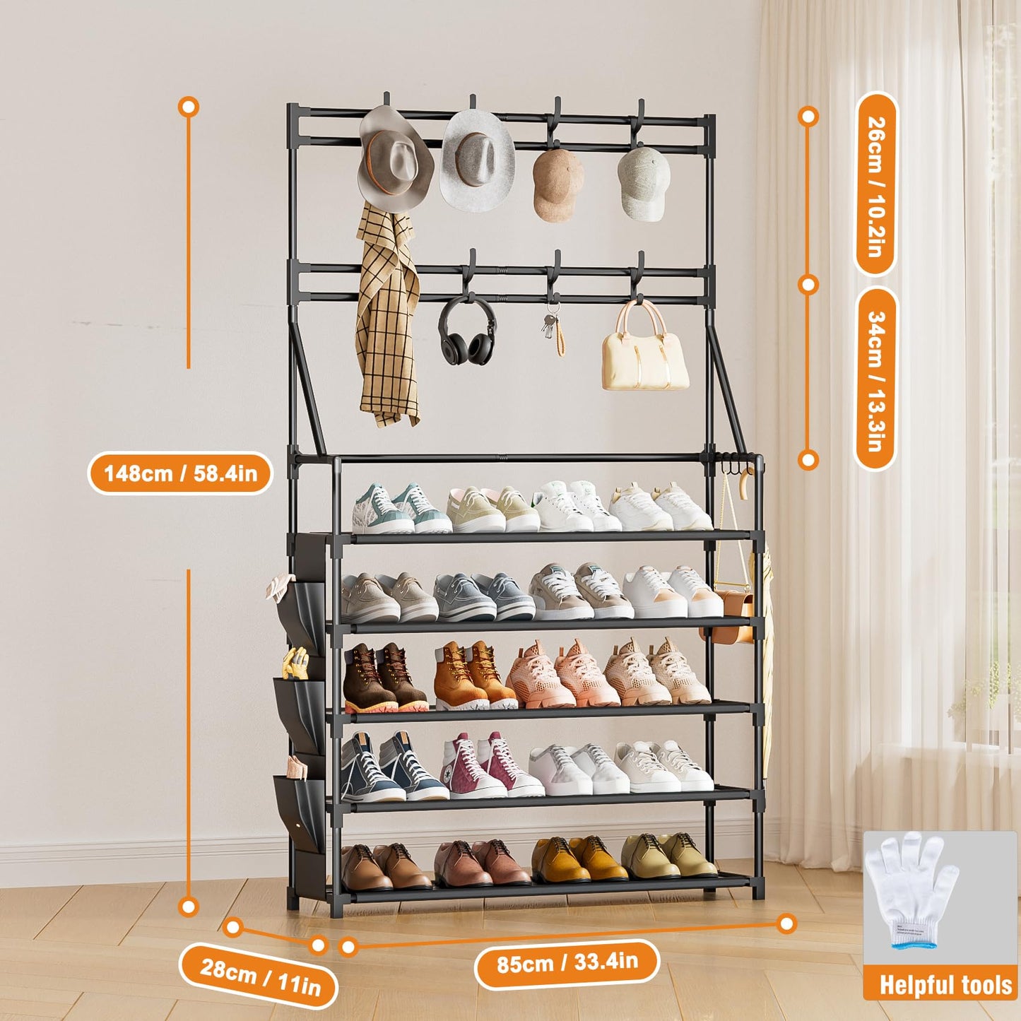 OYREL 5 Tier Shoe Rack with 8 Hooks & 3 Side Pockets for 20-25 Pairs Shoes