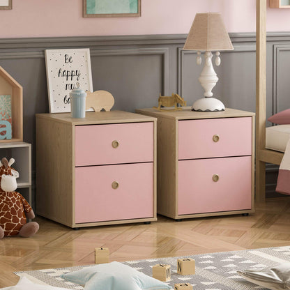 Junior Vida Neptune 2 Drawer Bedside Table Cabinet Chest of Drawers Bedroom Storage Children's Kids Furniture, Set of 2 Pink & Oak