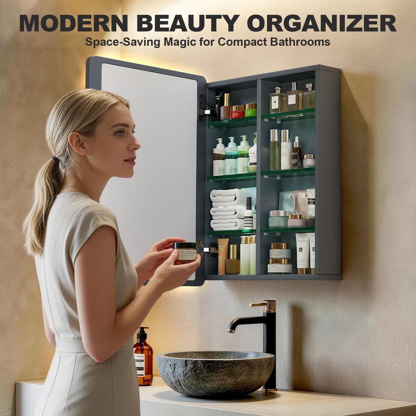 70×50cm Aluminum LED Bathroom Mirror Cabinets, 3 Color Light Modes