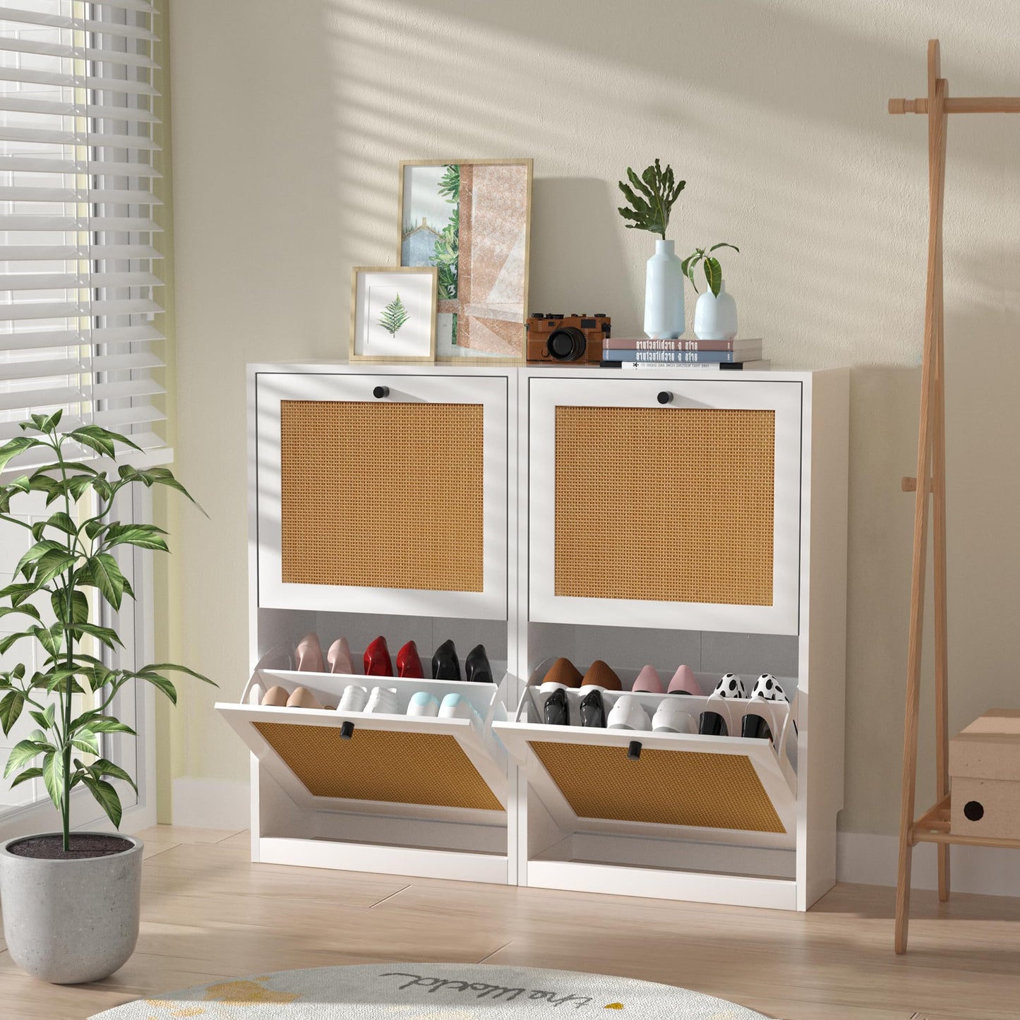 Yvsevnr Narrow Shoe Storage Cabinet Rattan Shoe Cupboards for Hallways