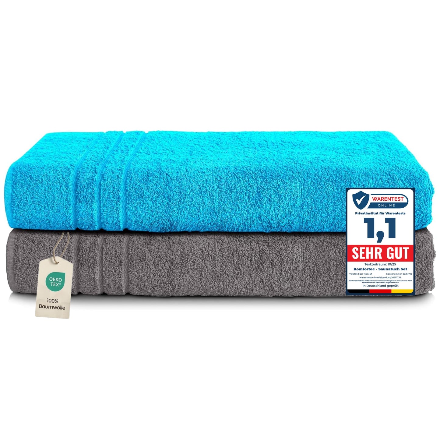 Komfortec Jumbo Bath Towels, 100% Cotton, Quick Dry, 80x200, Grey & Turqoise