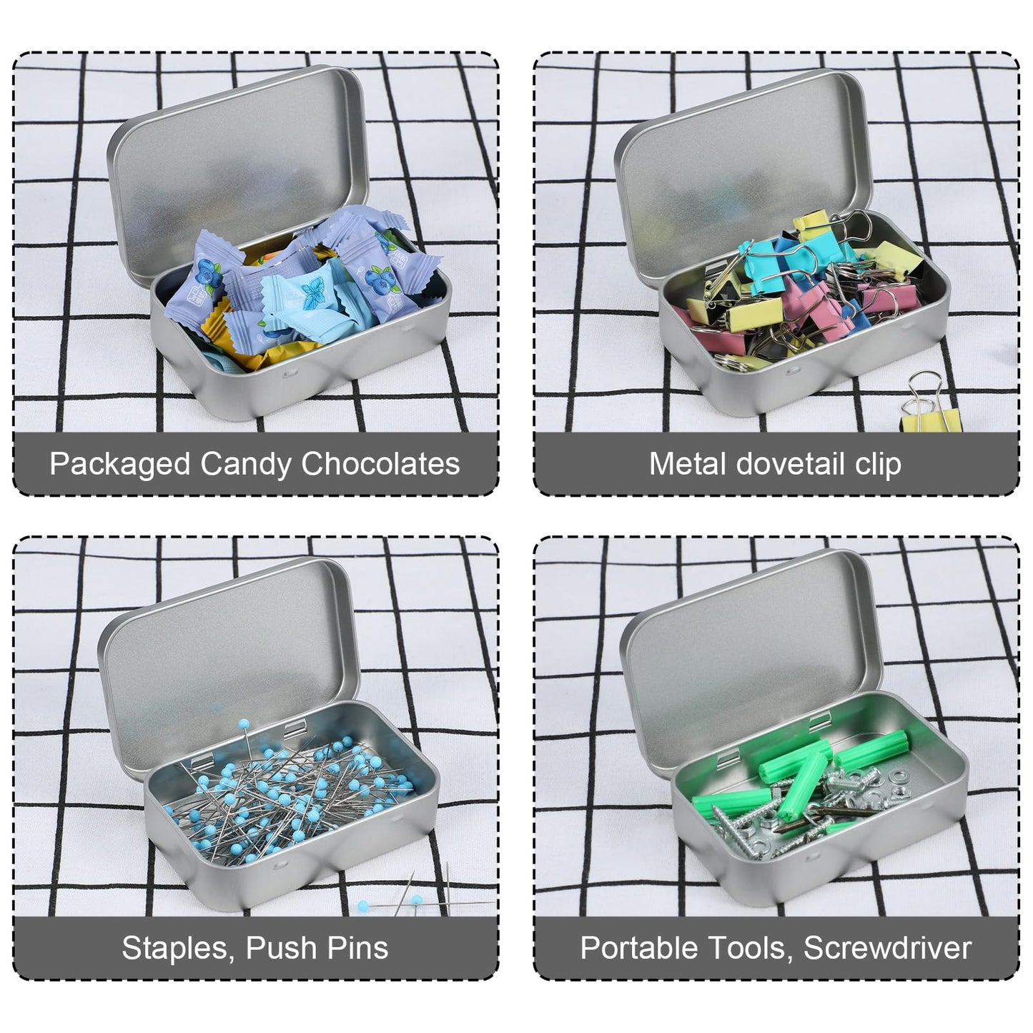 Aphumedc Silver Metal Rectangular Empty Hinged Tins Tin Containers, 3.7 x 2.3 x 0.8 Inch Small Storage Container