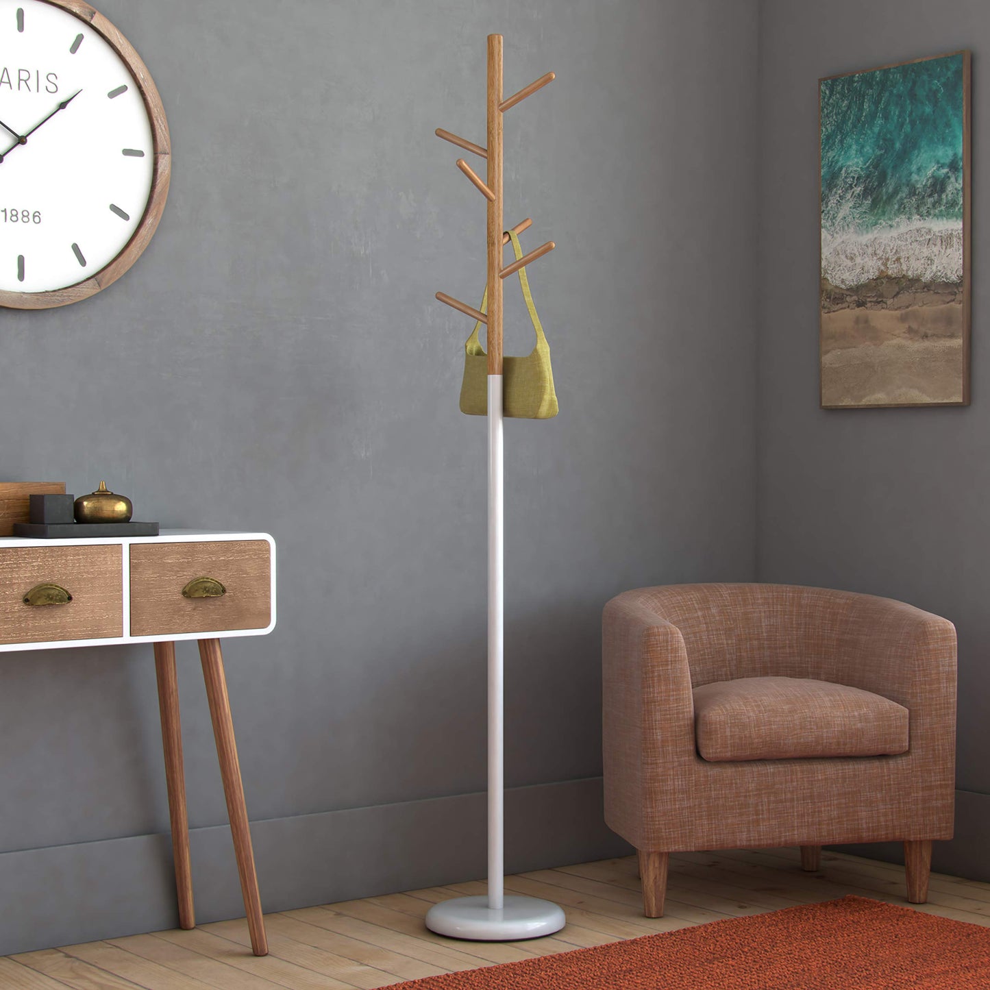 Versa Malmö Minimalist Style Coat Rack, with 6 hooks for clothing or bags for the Hall, Measurements (H x L x W) 171 x 28 x 28 cm, Metal and Wood