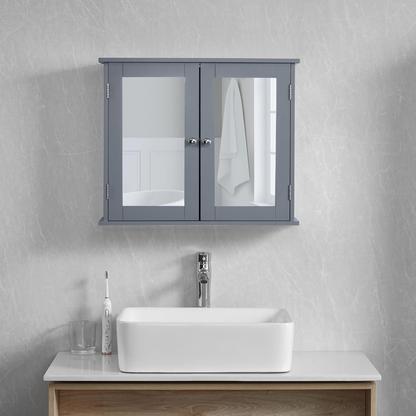 Bath Vida Priano 2 Door Bathroom Wall Cabinet | Grey | Space-Saving Storage | 60H x 60W x 15D cm | Adjustable Shelf | Modern Wooden Cupboard Unit