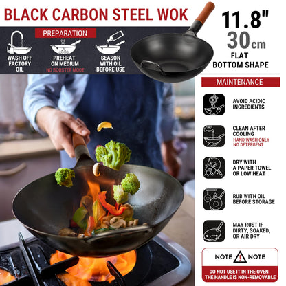 YOSUKATA Carbon Steel Wok Pan  30 cm Woks and Stir Fry Pans - Chinese Wok with Flat Bottom Pow Wok - Traditional Chinese Japanese Woks - Black Steel