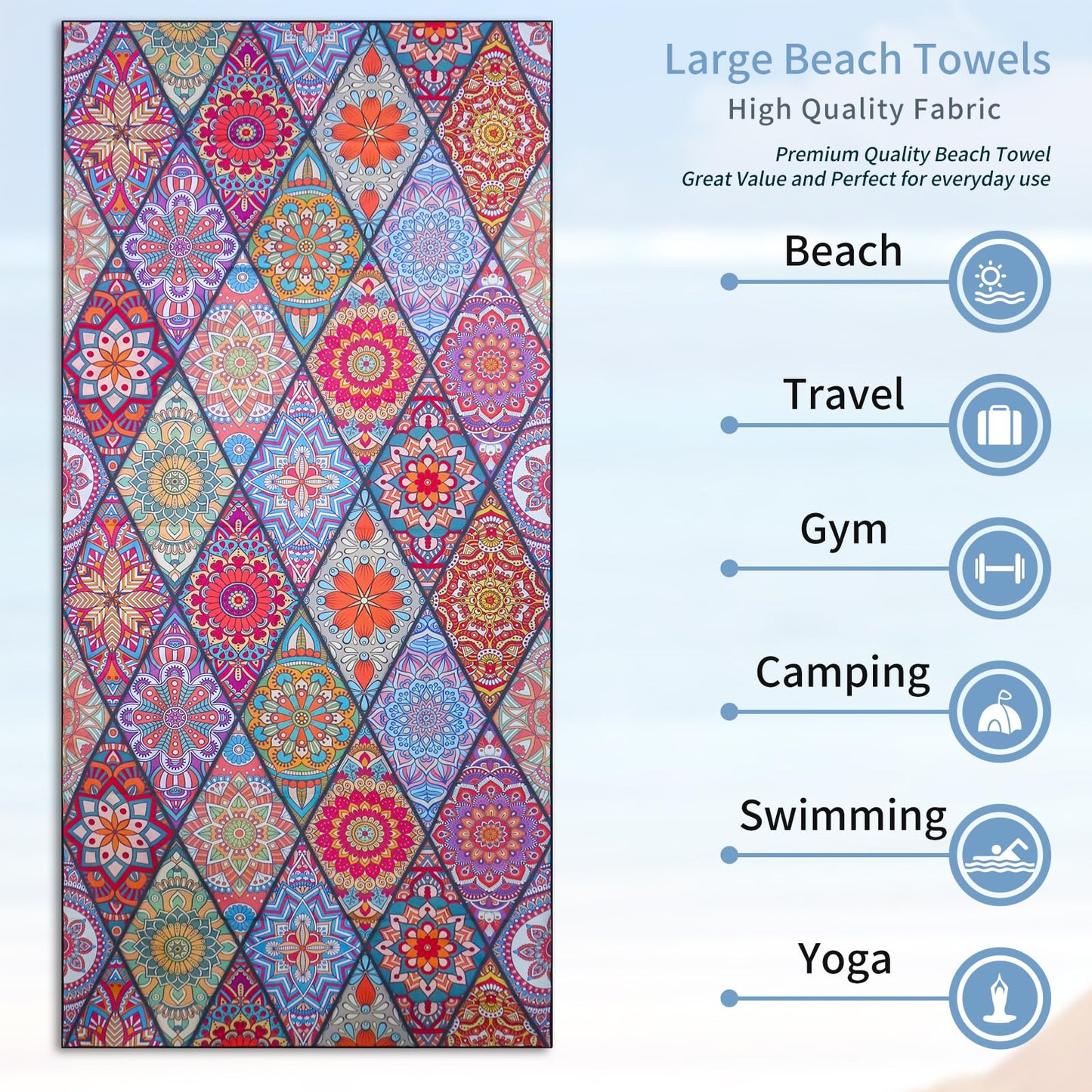 Vorvowry Microfibre Beach Towels for Adults Women Men Extra Large Lightweight Quick Dry Sand Free Travel Towel Double Sided Printing for Swim Sports