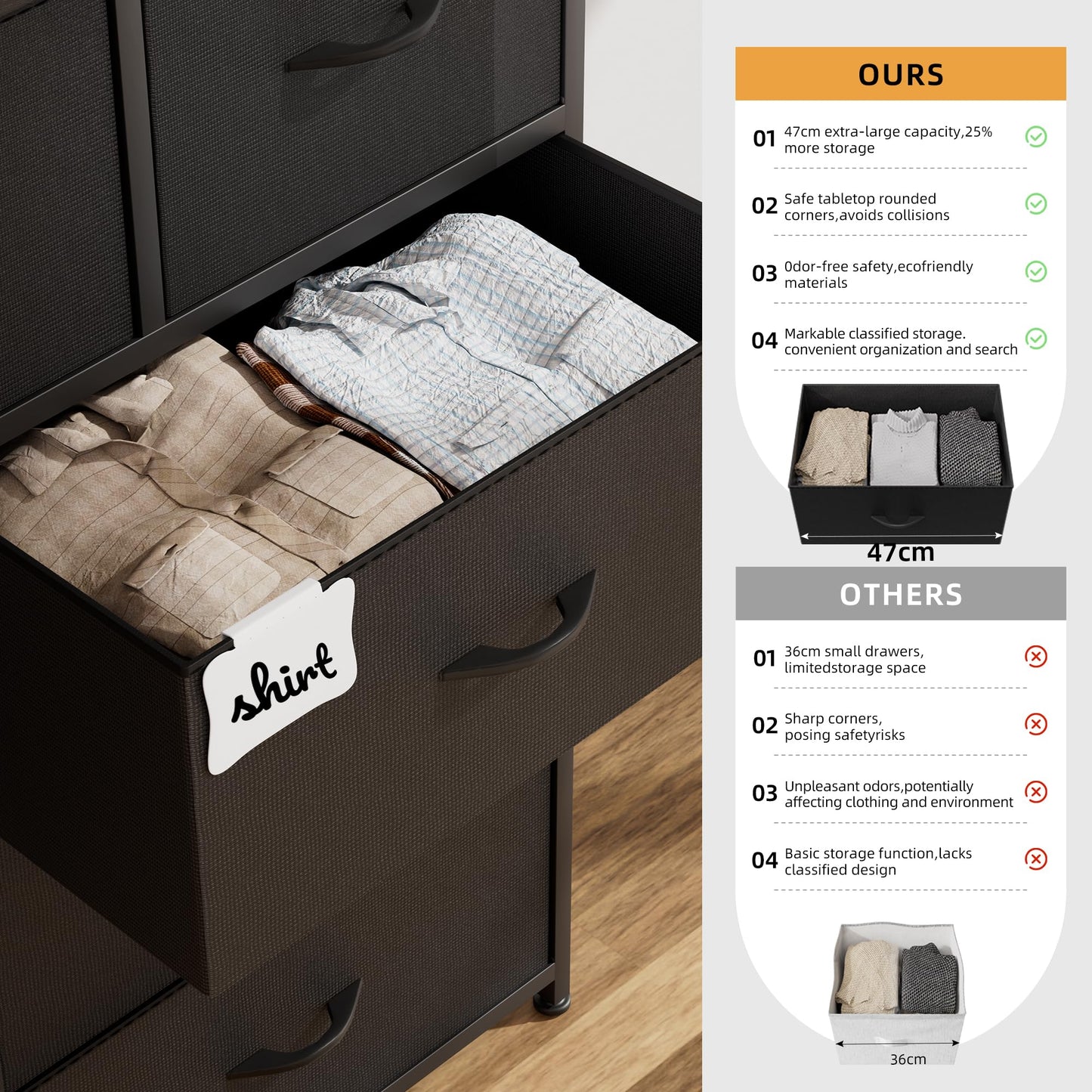 PURFINO Fabric Chest of Drawers - Canvas Storage Unit with 9 Drawers, Label Cards, Side Pocket & Hook for Living Room, Hallway, Bedroom