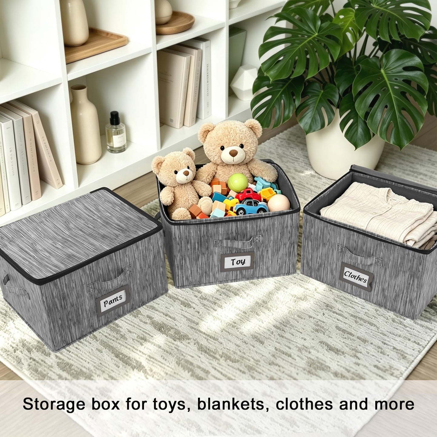 BrilliantJo Storage Boxes with Lids set of 3, Clothes Organiser with Label Holder & Double Zips 40x30x25cm Retro Striped