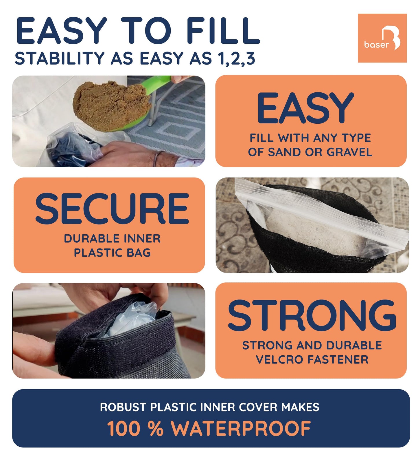 BASER - Outdoor fillable straight sandbags, 2 x 15 KG fillable weight bags for parasols, cantilevers and garden accessories