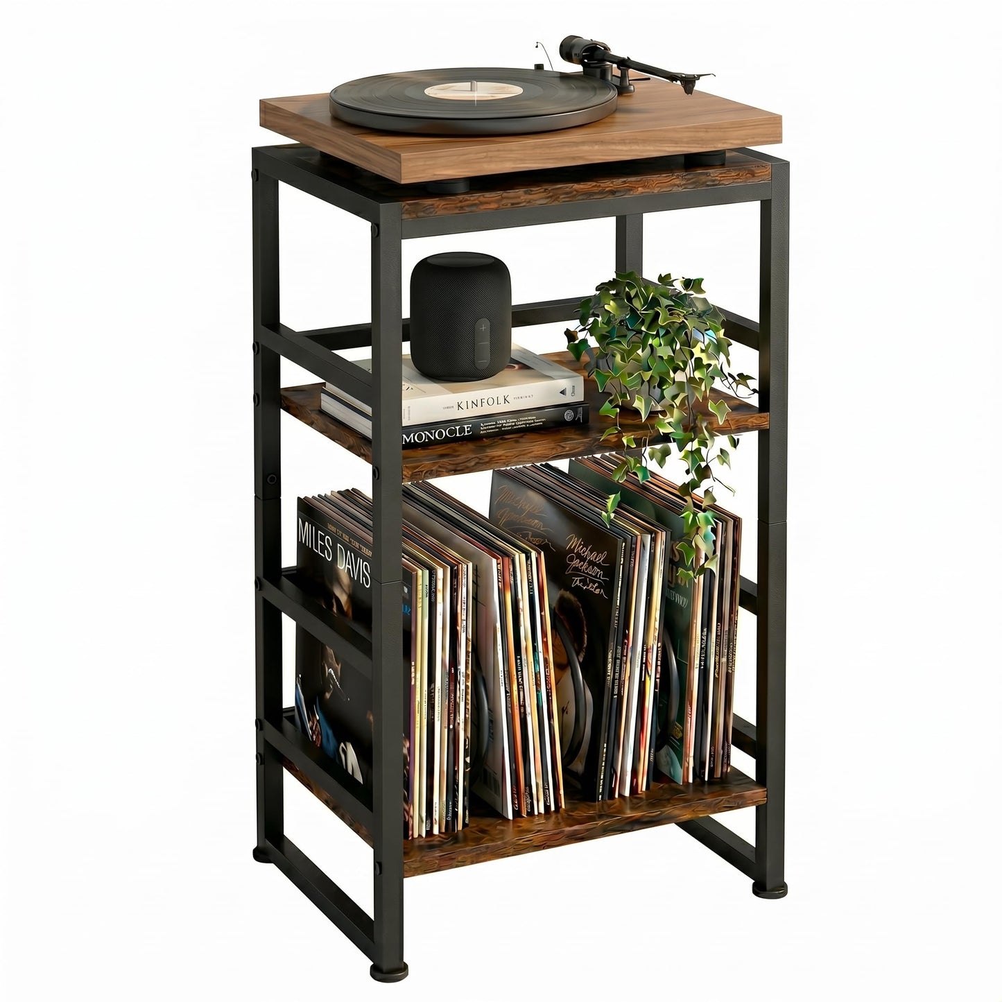 ZEXVIDA Vinyl Record Player Stand, 3-Tier End Table with Vinyl Record Storage, Record Player Table Holder Cabinet Up to 120 Albums for Living Room