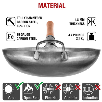 YOSUKATA Silver Round Bottom Woks and Stir Fry Pans 36 cm - Chinese Hammered Carbon Steel Pow Wok - Traditional Chinese Japanese Cookware - Carbon