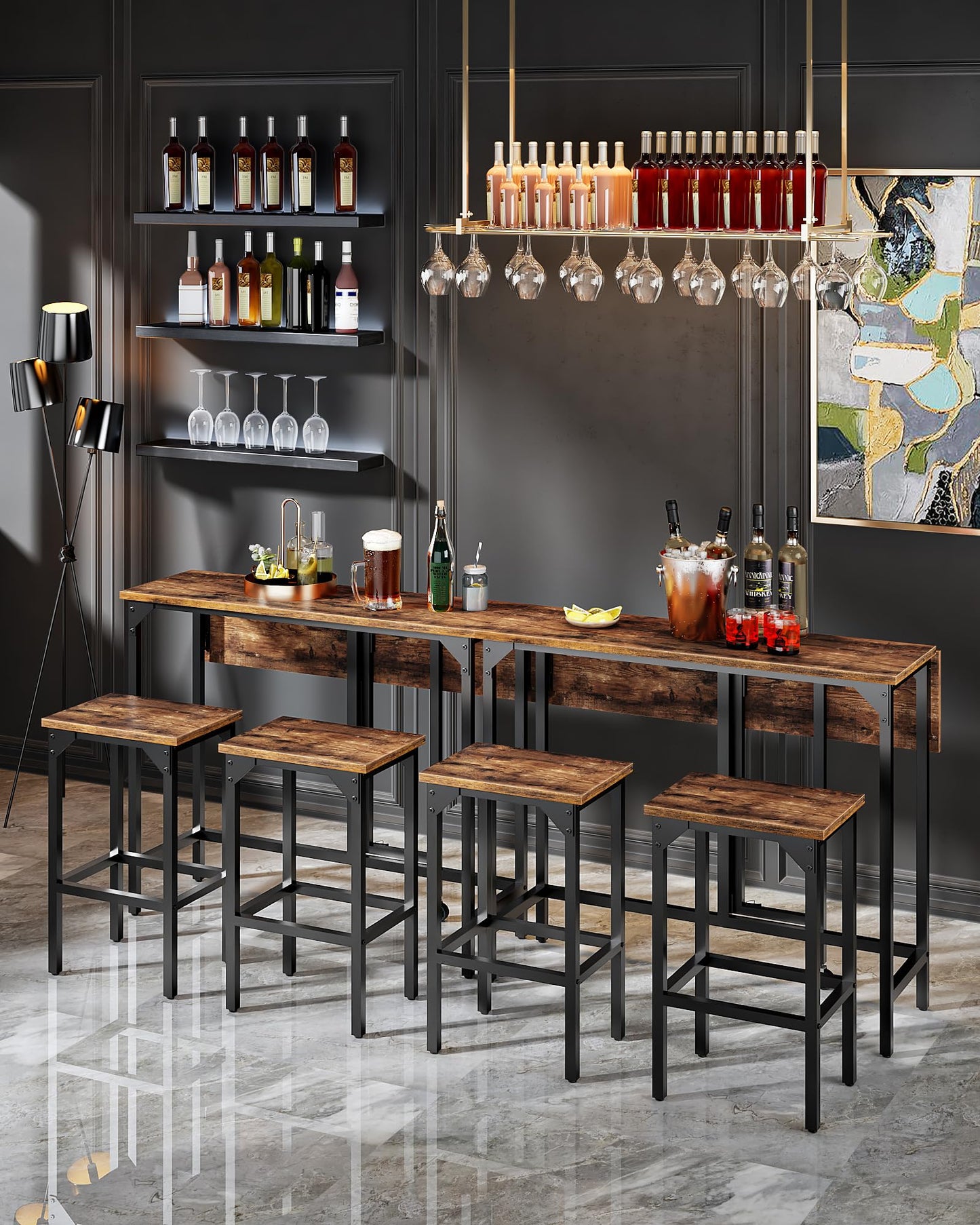 CHOEZON Breakfast Bar Table with 2 Bar Stools, 100 cm Folding Dining Table with 2 Stools, Dining Table Set, Industrial Steel Frame, for Restaurant