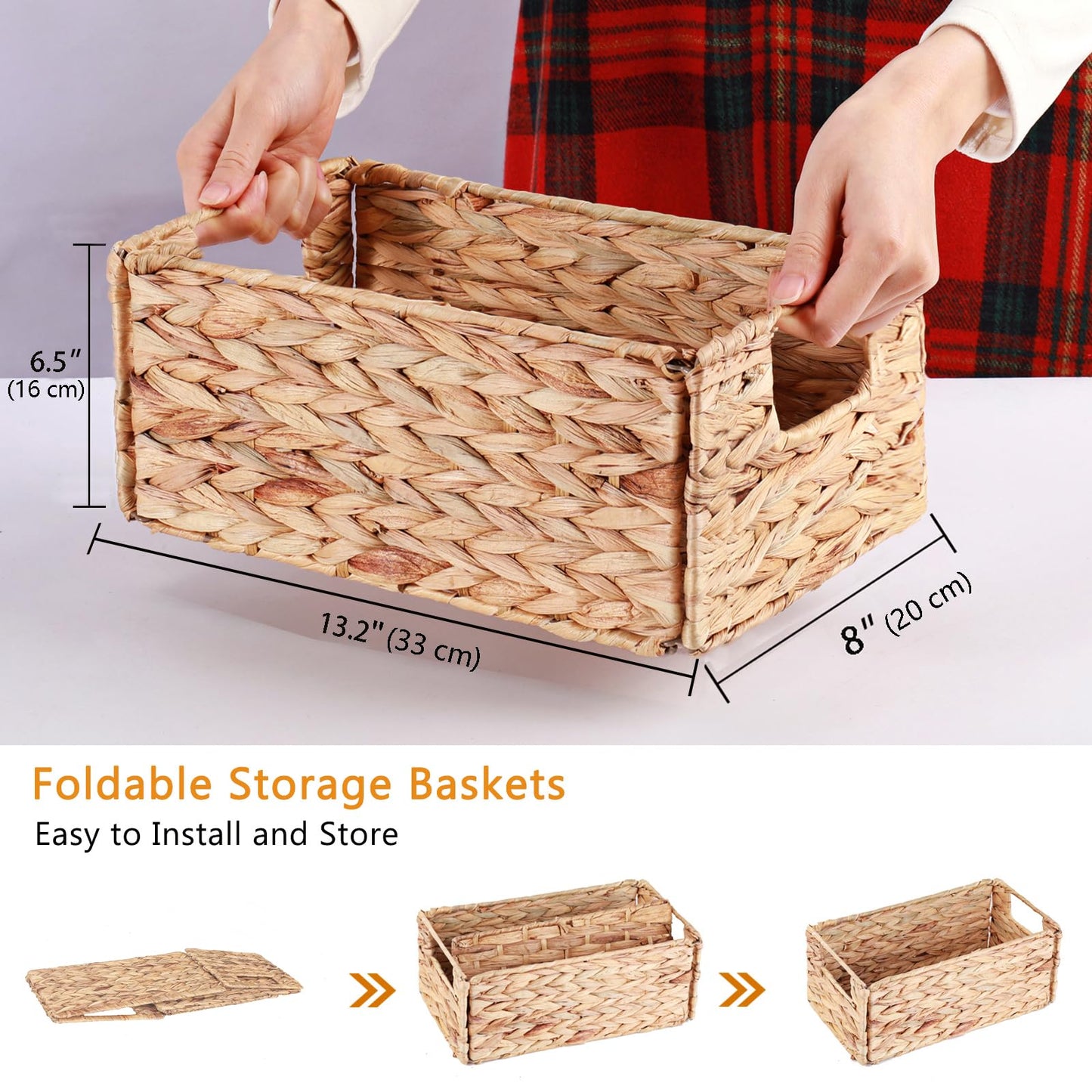 Vagusicc Water Hyacinth Storage Baskets for Shelves, Small Organizer Box Storage Bins with Handles, Wicker Basket for Bathroom Storage