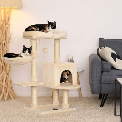 lionto Cat Scratching Post with Plush Ball Including Bell & Wall Bracket, Height 93 cm, Cat Tree with Sisal & Plush, Cosy Lying Surface & Caves,