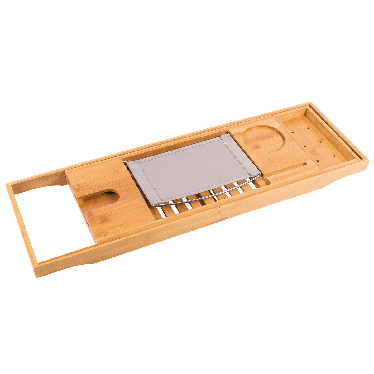 Relux Premium 100% Natural Bamboo Bath Caddy Bridge – Extendable Luxury Book Rest, Wine Glass Holder, Device