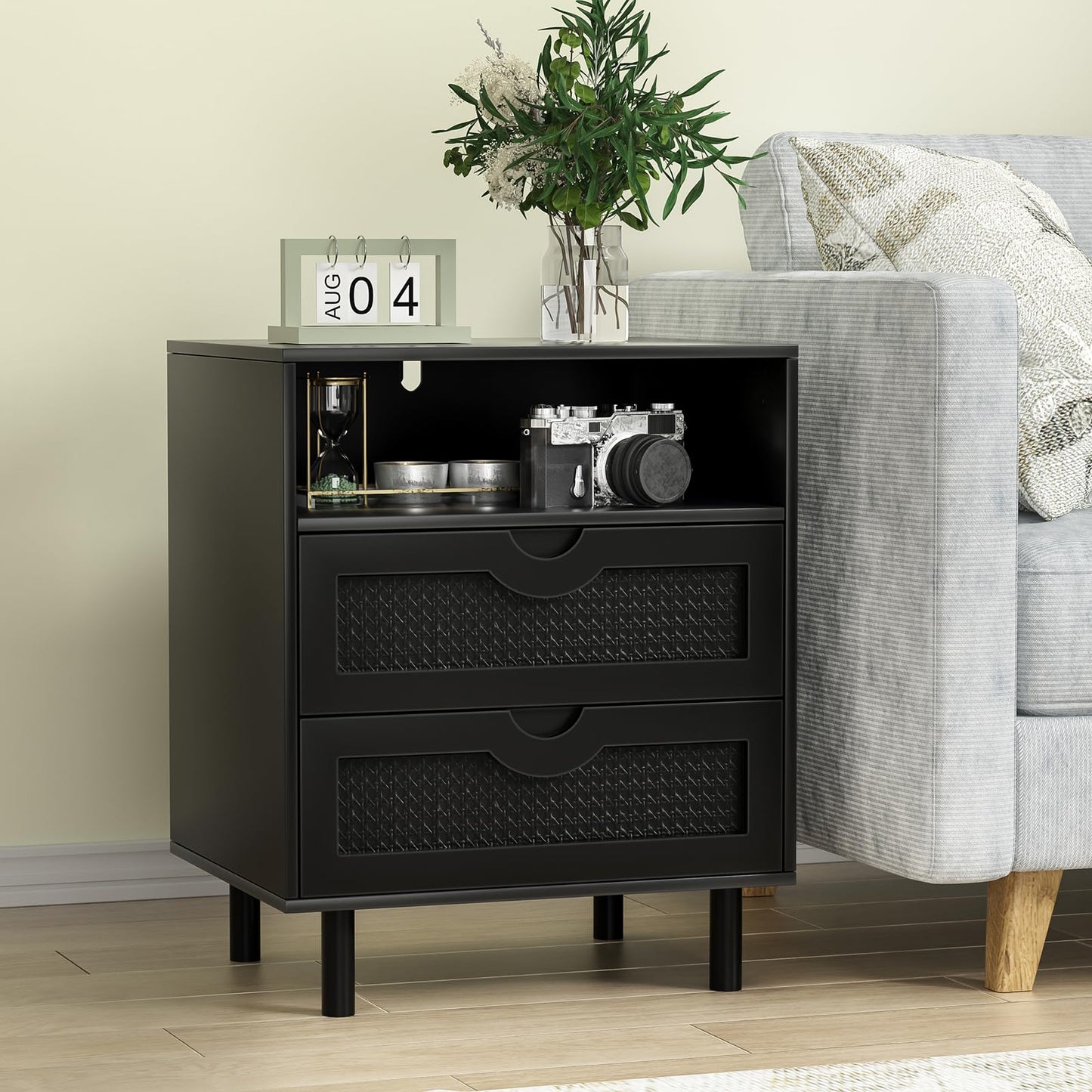Skokliz Bedside Table with 2 Drawers, Black Rattan Nightstand with Open Shelf for Bedroom, Mid-Century Modern Side Table, 50cm W x 39.5cm D x 60cm