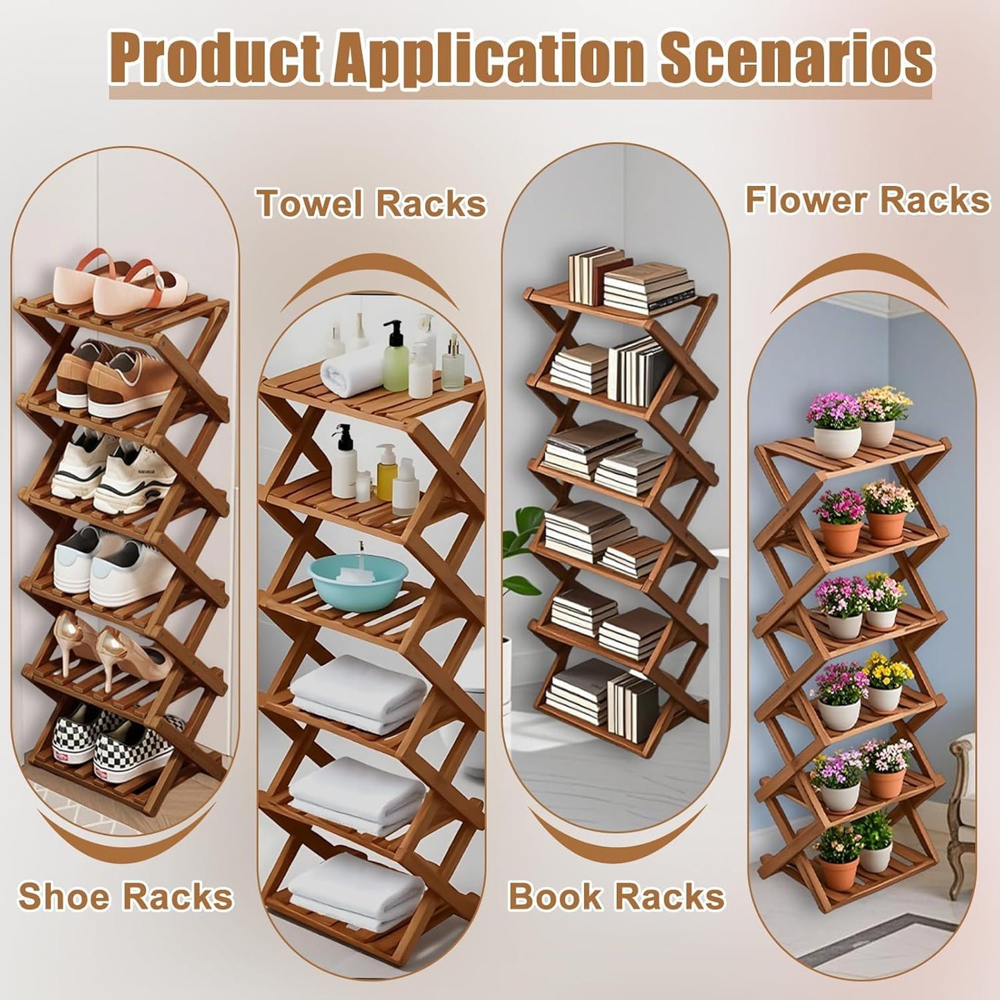 Kiss Me 4-Tier Foldable Bamboo Shoe Rack Narrow Vertical Organizer