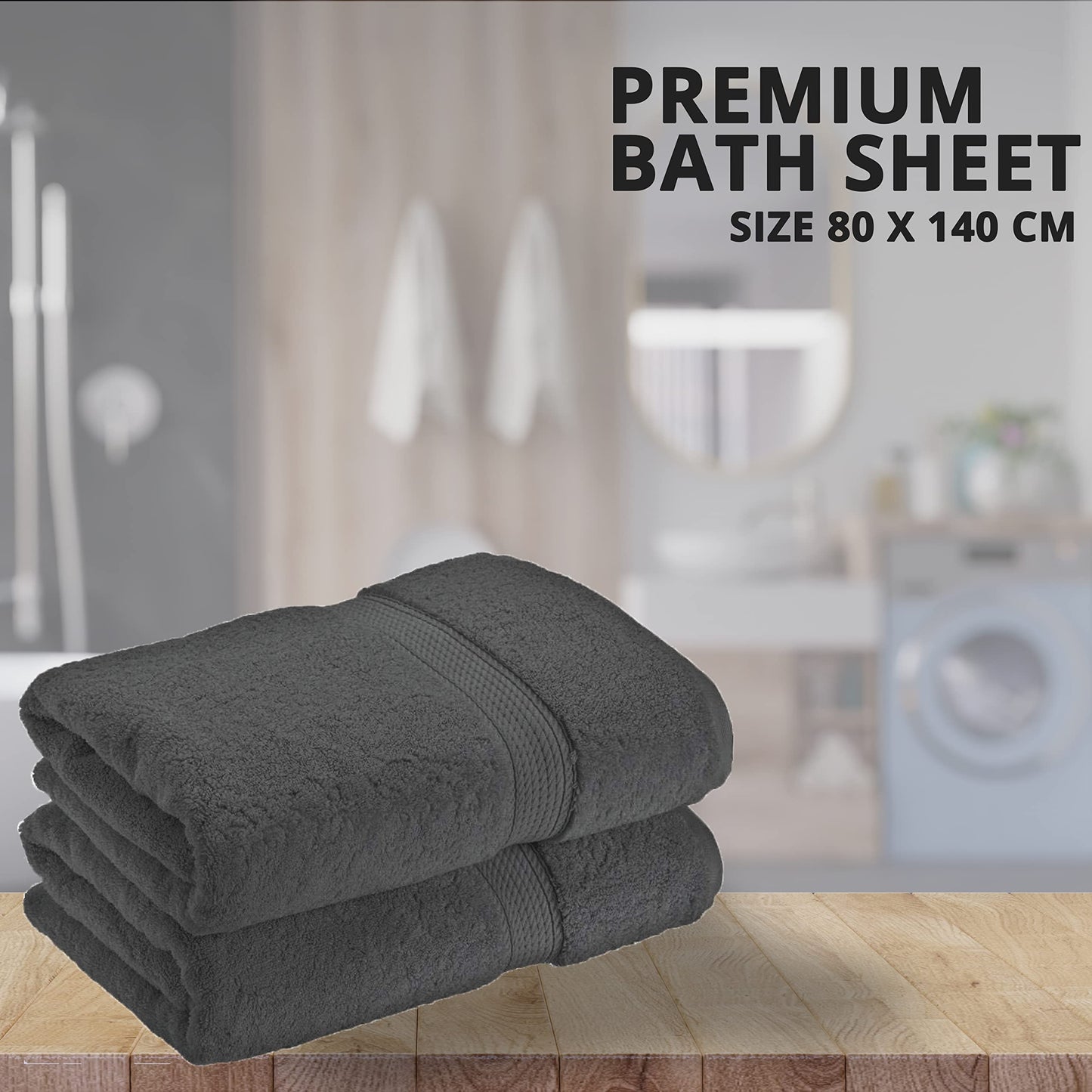 NAUSHA 2 x Super Large Bath Sheets Towels (80 x 140cm) 100% Egyptian Cotton 600 GSM (Charcoal Grey)