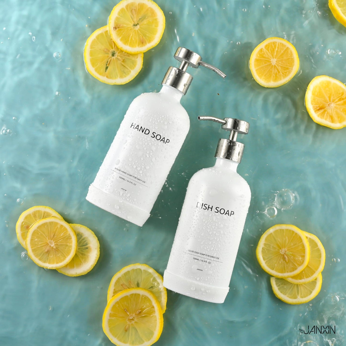 Janxin 2pcs Refillable Liquid Hand Jar Dispenser for Bathroom, Glass Soap Dispenser Bottle with Pump, 500ML, With Ceramic Tray