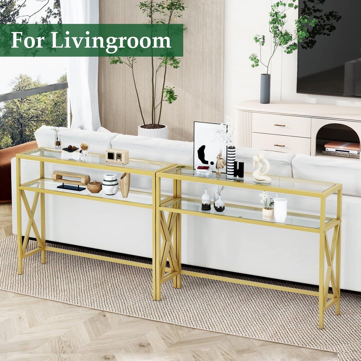 YMYNY Console Table, Tempered Glass Sofa Table, Industrial Entryway Table for Hallway, Narrow Sofa Table with Shelves