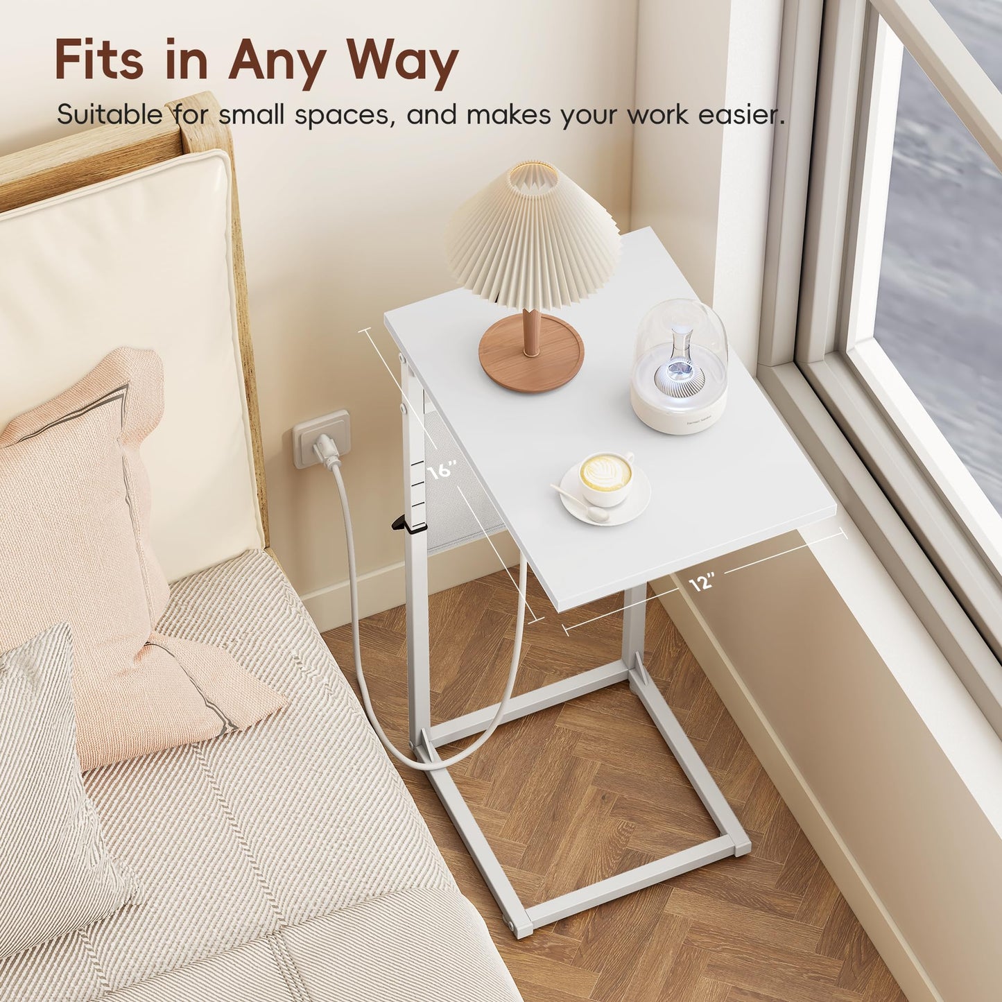 Vagusicc C-Shaped Side Table with Charging Station, Height Adjustable Sofa Side Table, Bedside Table, End Table for Small Spaces