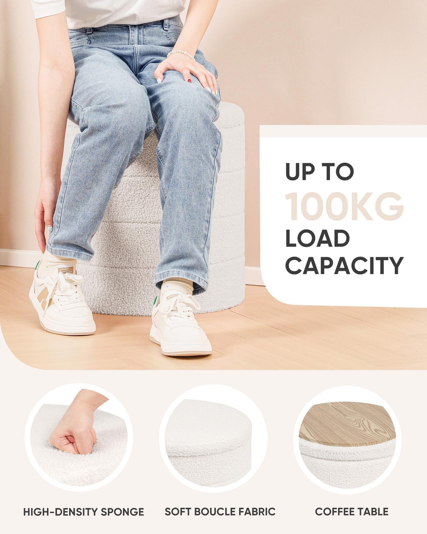 Bonlife Boucle Ottoman Storage, Foot Rest Stool Seat, Folding Footstool for Living Room, Sherpa Ottoman for Bedroom, Cream, 43x43x45 cm